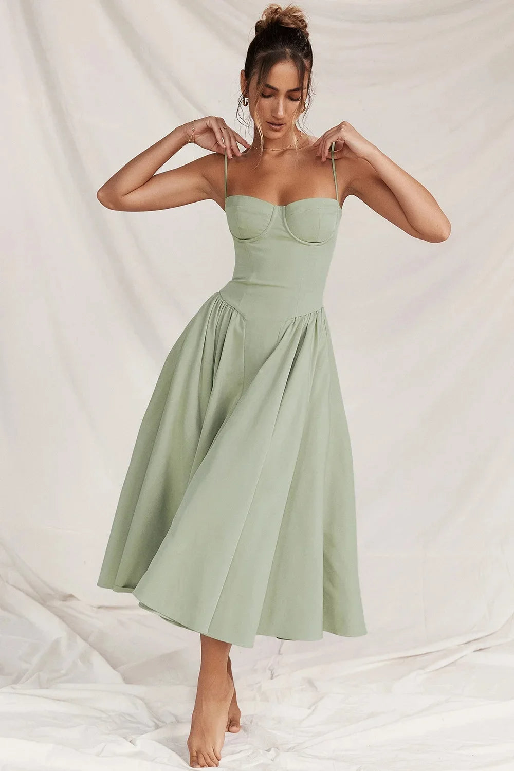 Fitted and Pleated Midi Dress with Straps for Women | Perfect for Going Out
