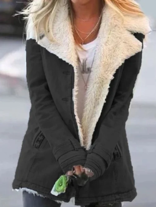 Women's Straight Military Style Jacket with Wide Faux Fur Collar
