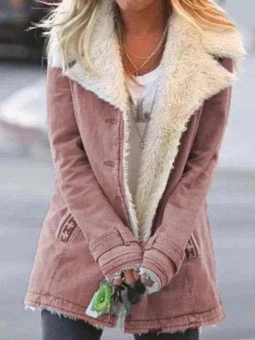 Women's Straight Military Style Jacket with Wide Faux Fur Collar