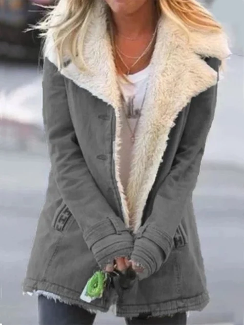 Women's Straight Military Style Jacket with Wide Faux Fur Collar