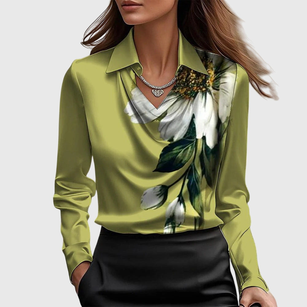 Classic Collar Satin Blouse with Draped Neckline for Women | Ideal for the Office