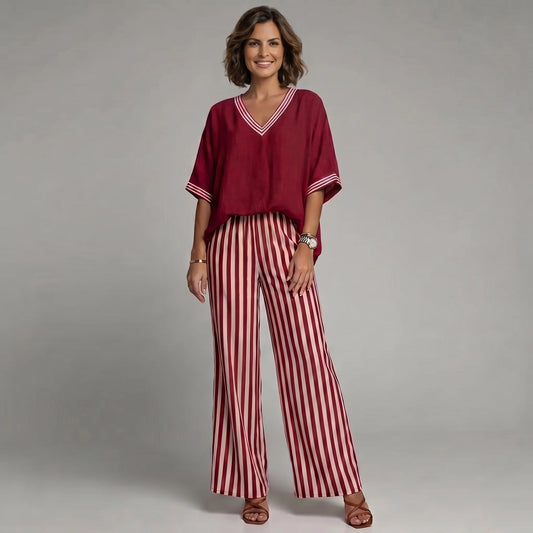 Ensemble Femme en Lin et Coton avec Pantalon Large à Rayures et Haut Col V - Emilia Lane