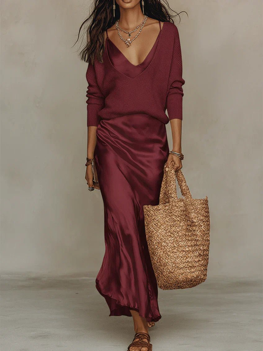 Ensemble Robe Midi Satinée et Pull en Laine pour Femme | Idéal pour le Quotidien - Emilia Lane