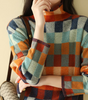 Oversized Checkered Sweater with High Neck for Women