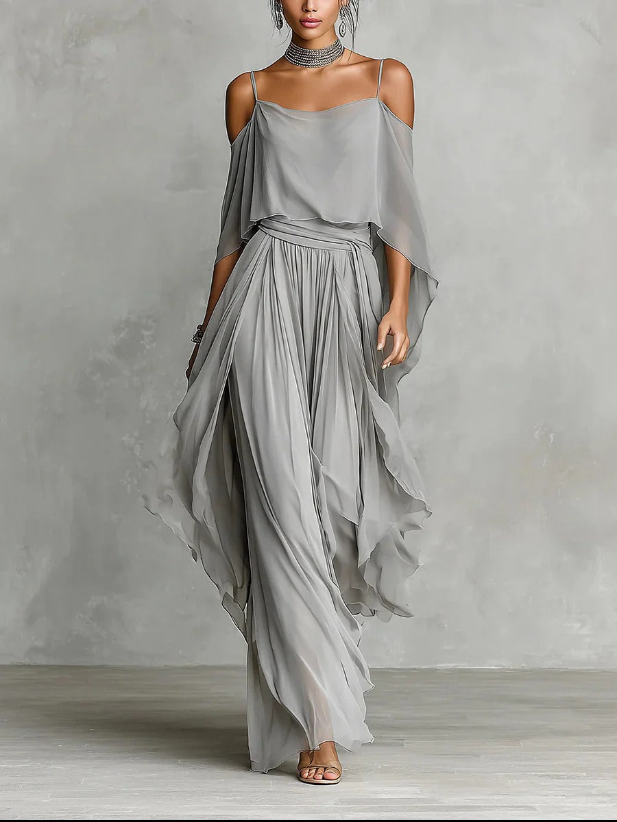 Off-Shoulder Chiffon Set with Wide-Leg Pants for Women | Perfect for Summer