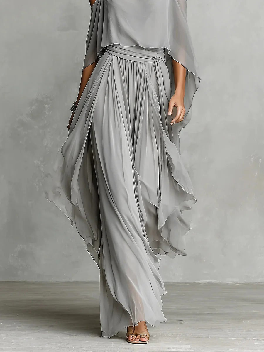 Off-Shoulder Chiffon Set with Wide-Leg Pants for Women | Perfect for Summer