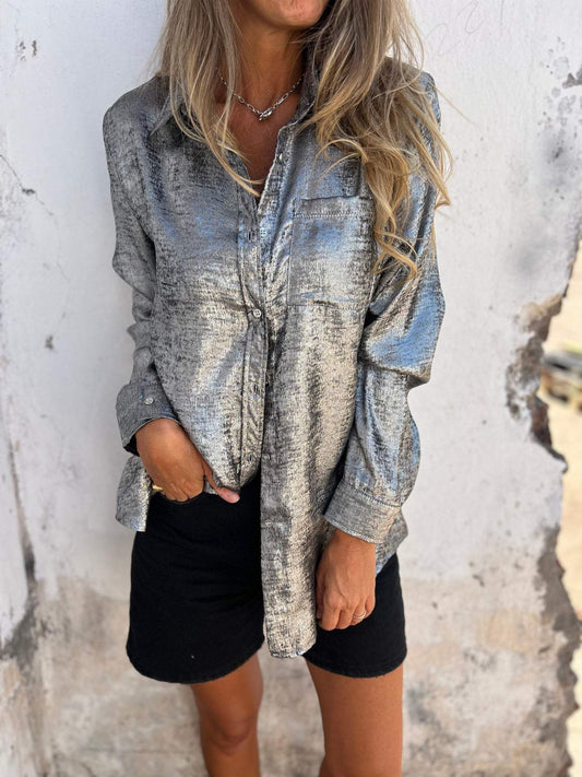 Casual Suede Shirt with Notched Collar for Women