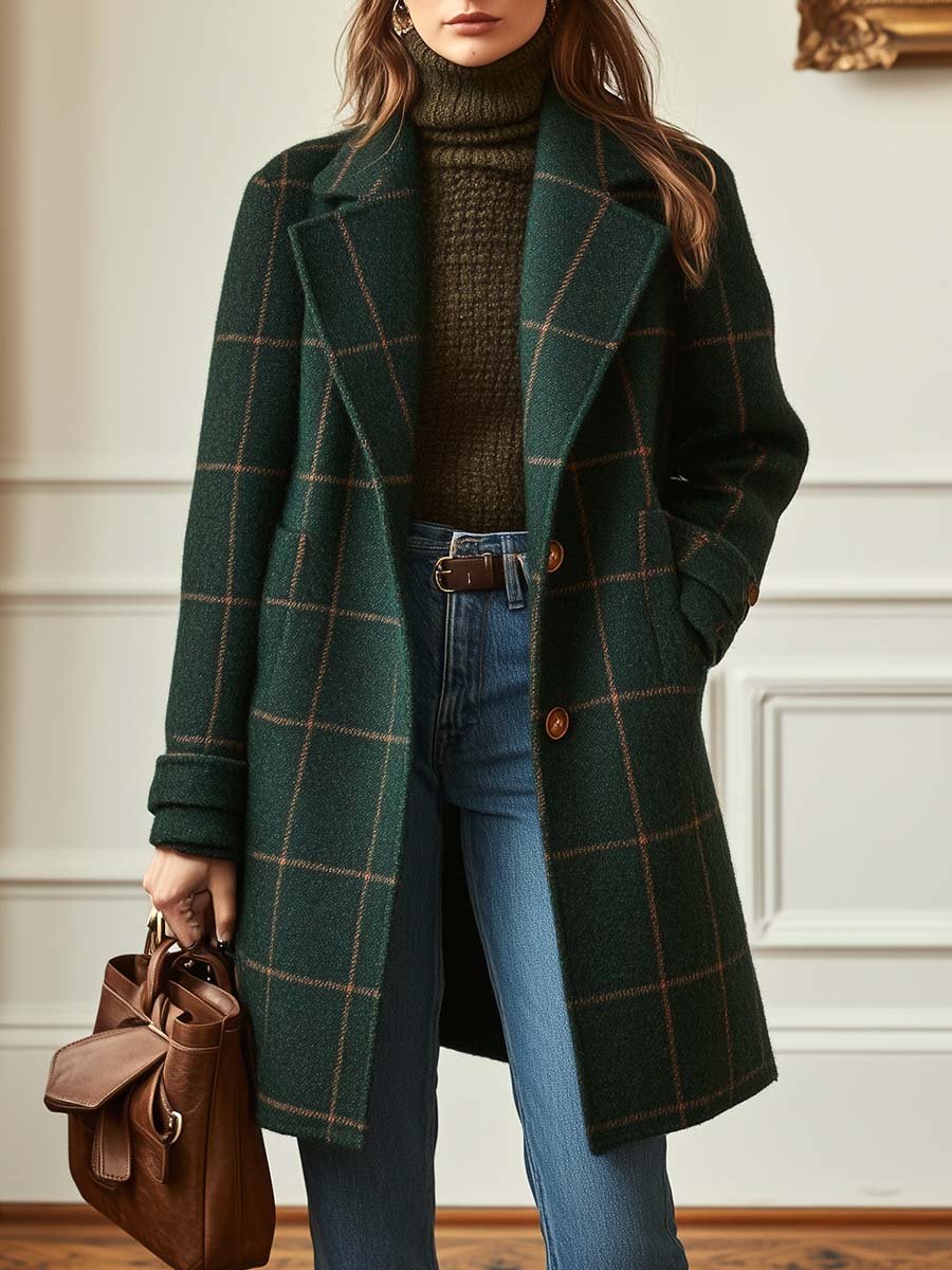 Plaid Wool-Effect Fabric Coat for Women