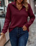 Loose Ribbed Zip-Up Sweater with Long Sleeves for Women  