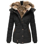 Short Puffer Jacket with Hood and Synthetic Fur for Women