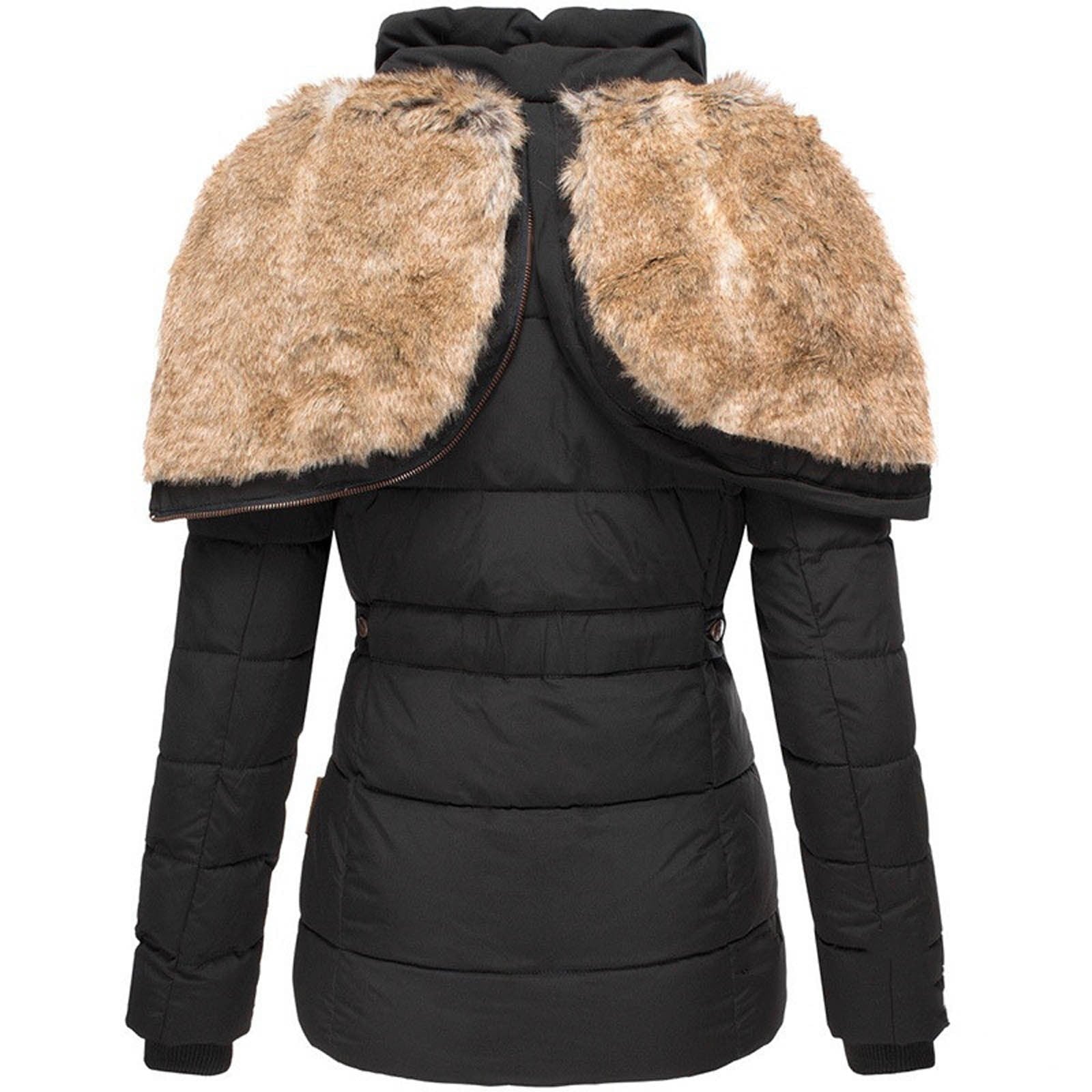 Short Puffer Jacket with Hood and Synthetic Fur for Women