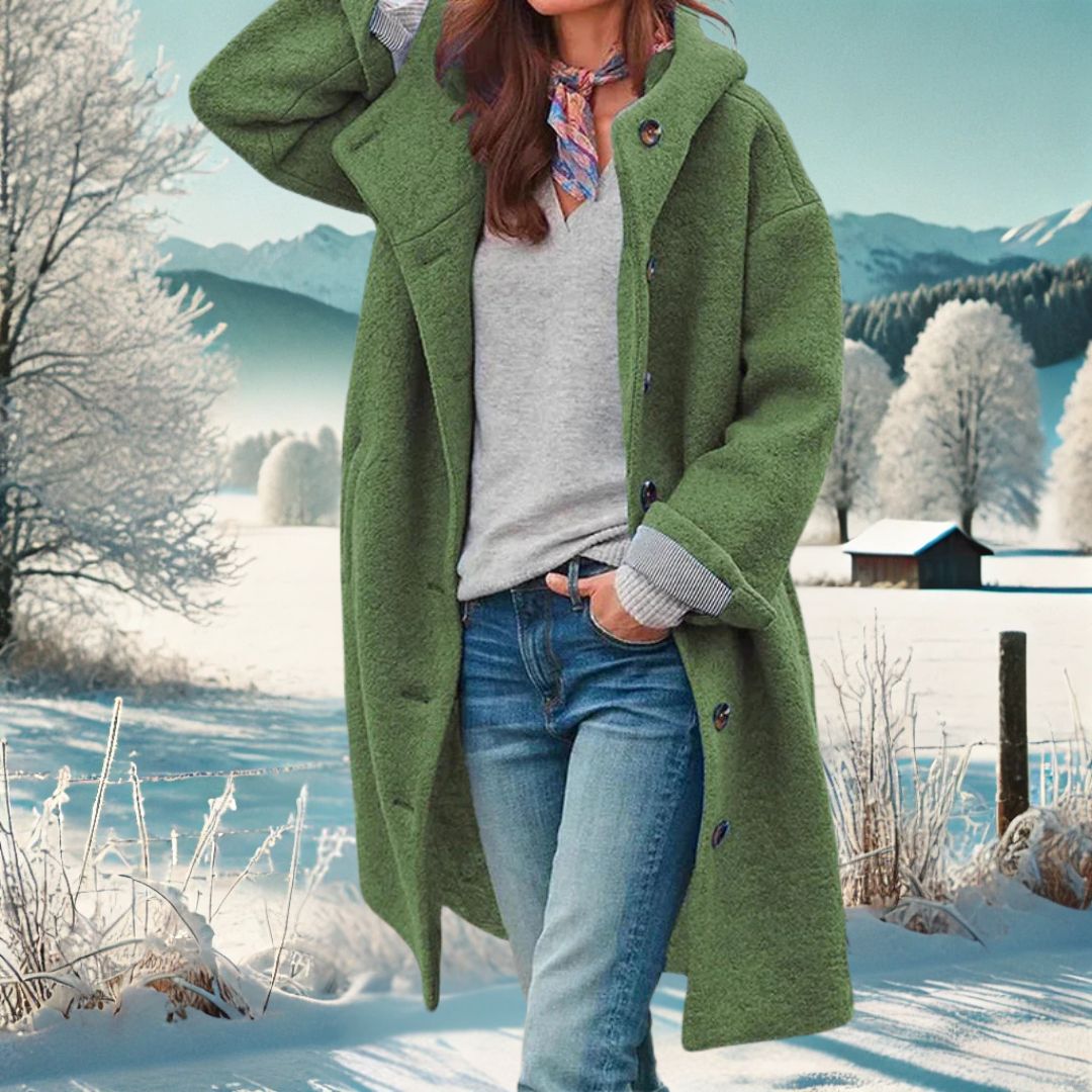 Long Hooded Coat in Wool-Effect Fabric for Women