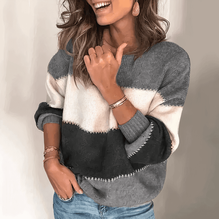 Oversized Tricolor Sweater with Round Neck and Long Sleeves for Women