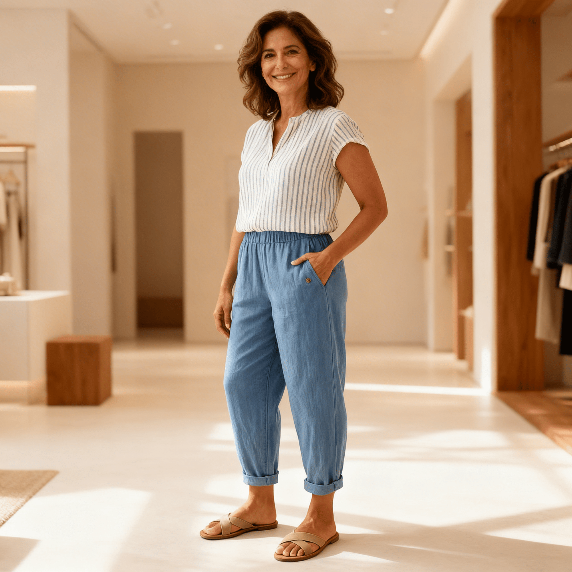 Pantalon Large Taille Haute en Coton et Lin pour Femmes - Emilia Lane