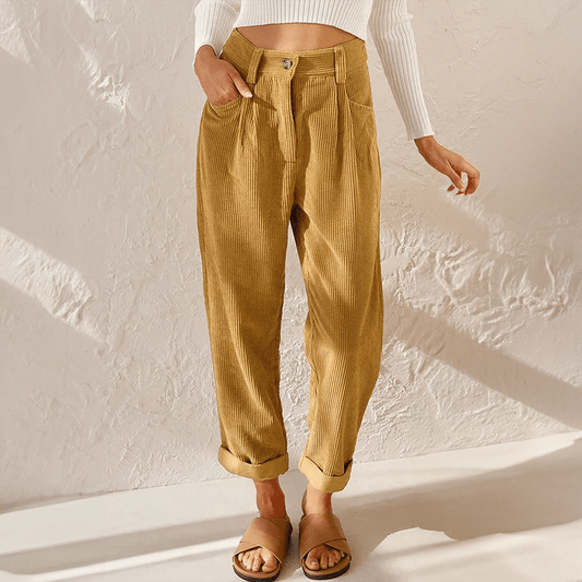 Pantalon Taille Haute en Velours Côtelé Coupe Carotte pour Femme - Emilia Lane