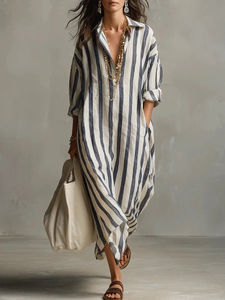 Women's Long Striped Linen Dress with Loose Fit and Pockets