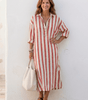 Robe Chemise Longue Femme à Rayures en Lin Coupe Ample avec Poches - Emilia Lane