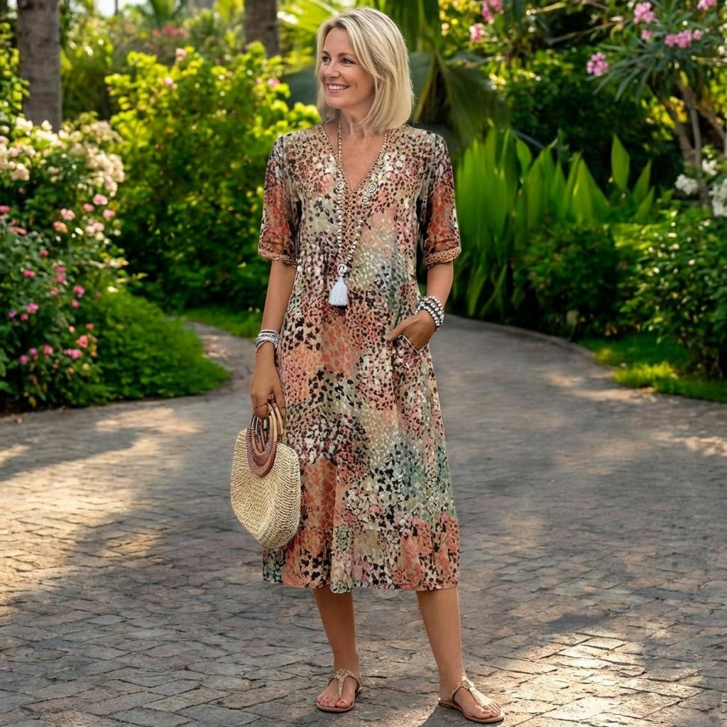 Long Dress with Short Sleeves and V-Neck for Women | Ideal for Summer