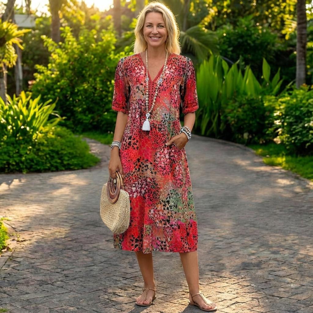 Long Dress with Short Sleeves and V-Neck for Women | Ideal for Summer
