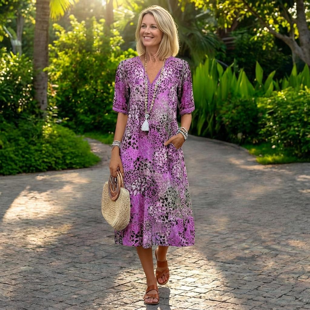 Long Dress with Short Sleeves and V-Neck for Women | Ideal for Summer
