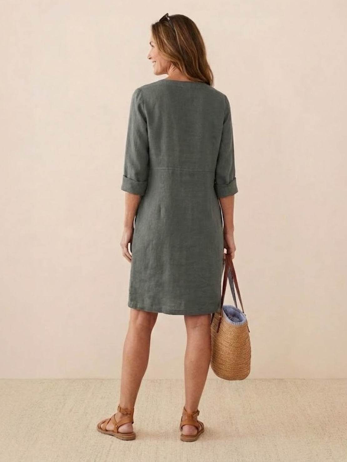 Robe Droite Femme en Lin et Coton avec Boutons et Poches - Emilia Lane