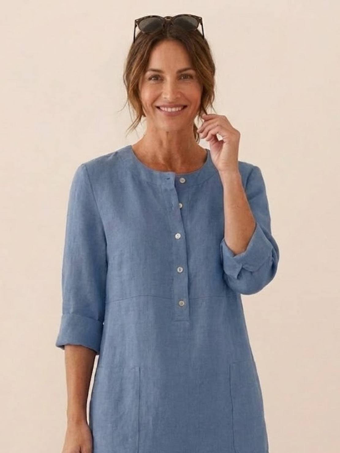 Robe Droite Femme en Lin et Coton avec Boutons et Poches - Emilia Lane