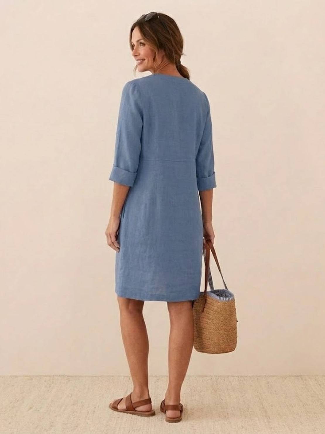 Robe Droite Femme en Lin et Coton avec Boutons et Poches - Emilia Lane