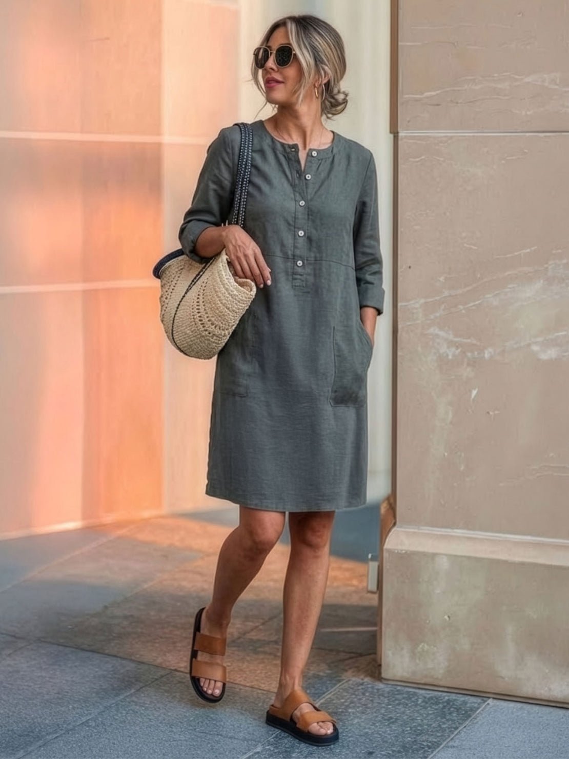 Robe Droite Femme en Lin et Coton avec Boutons et Poches - Emilia Lane