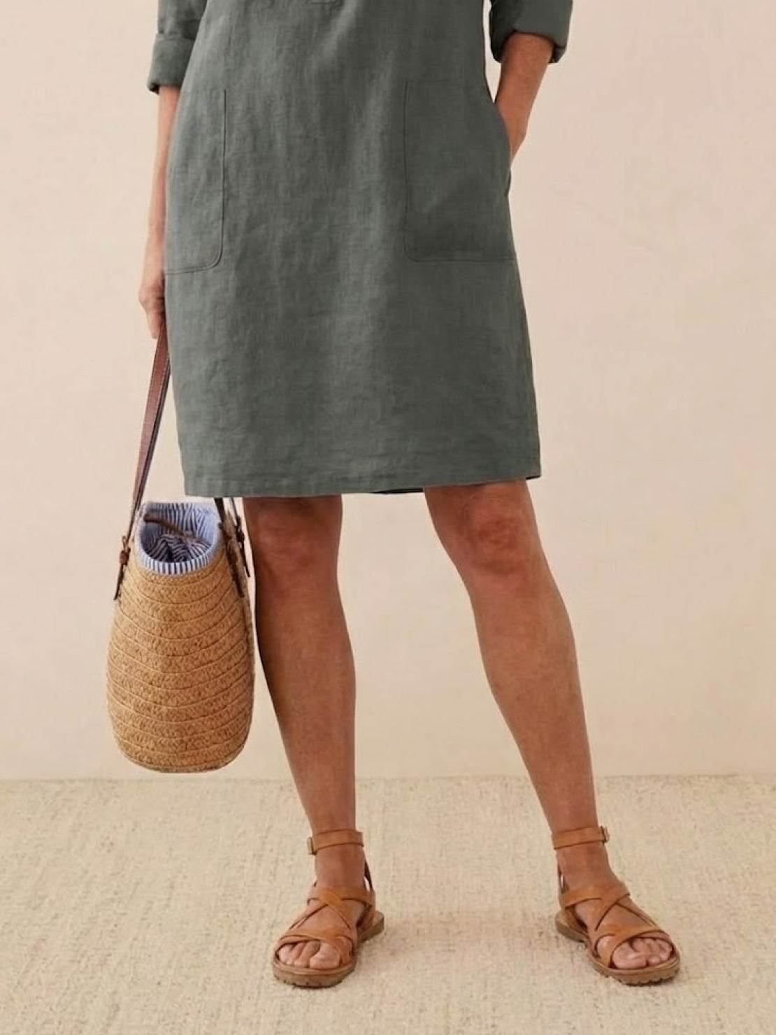 Robe Droite Femme en Lin et Coton avec Boutons et Poches - Emilia Lane
