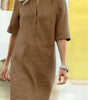 Robe Droite Midi à Encolure Fendue et Manches Mi - Longues pour Femme | Idéale pour l'Été - Emilia Lane