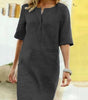 Robe Droite Midi à Encolure Fendue et Manches Mi - Longues pour Femme | Idéale pour l'Été - Emilia Lane