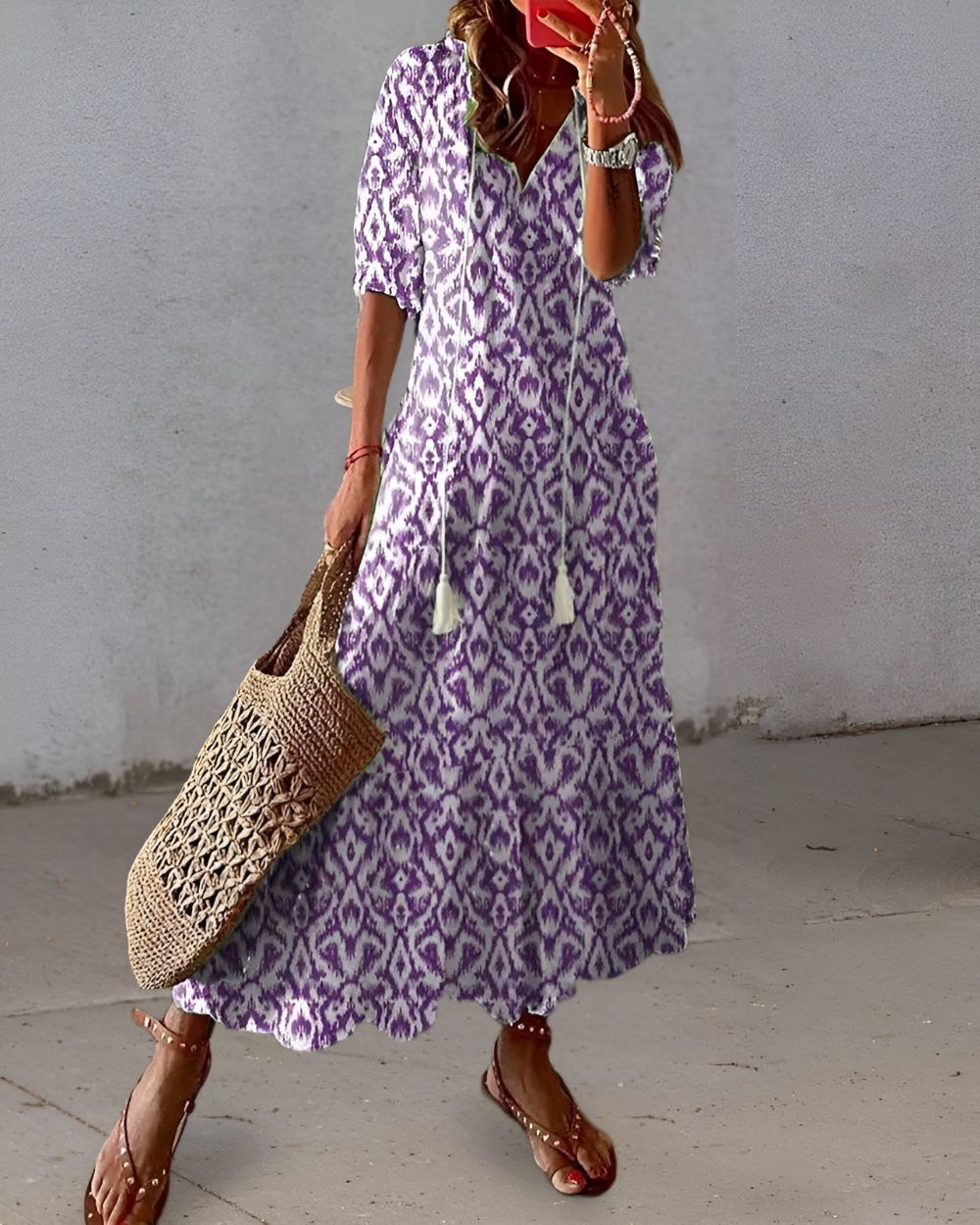 Robe longue à manches trois - quarts à motif à carreaux pour femmes - Emilia Lane