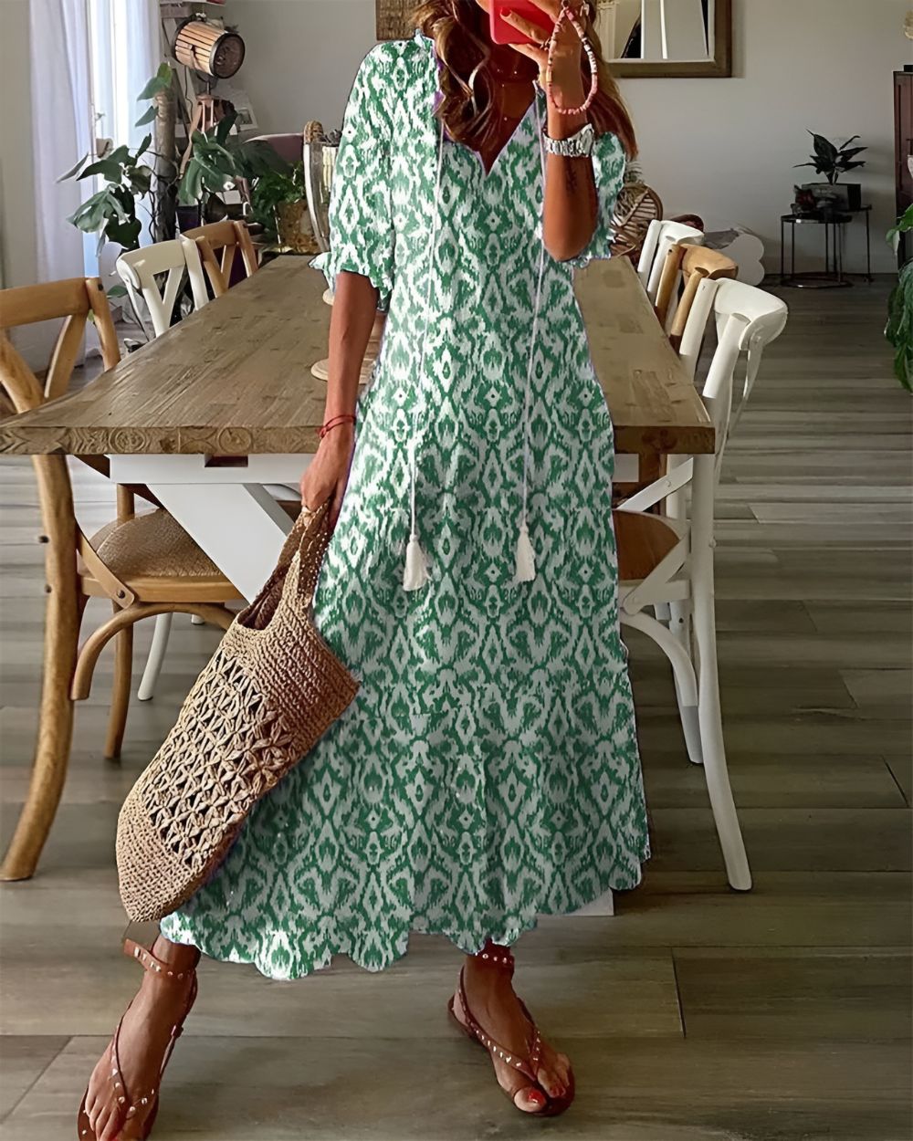 Robe longue à manches trois - quarts à motif à carreaux pour femmes - Emilia Lane