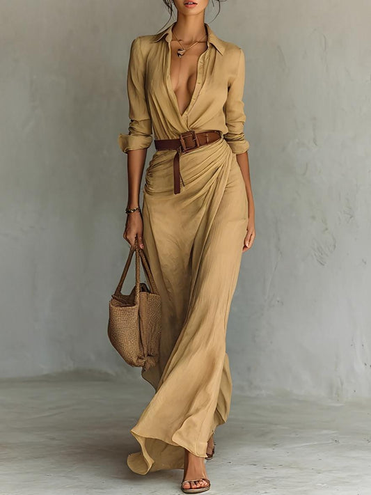 Long Cotton Belted Dress for Women