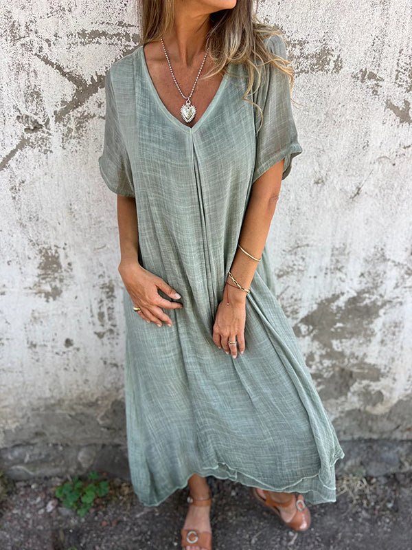 Robe longue en coton et lin à col en V pour femmes - Emilia Lane