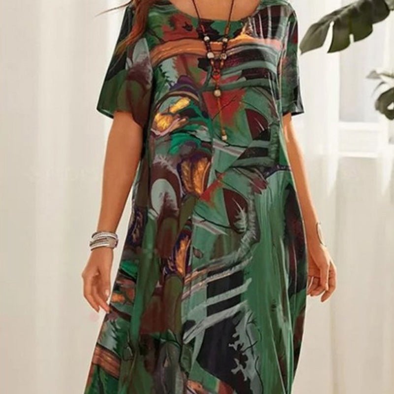 Robe Longue Imprimé Tropicaux Manches Courtes pour Femme - Emilia Lane