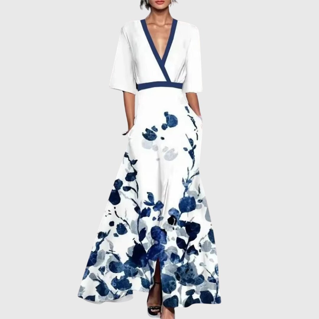 Robe longue plissée imprimée à col en V pour femmes - Emilia Lane