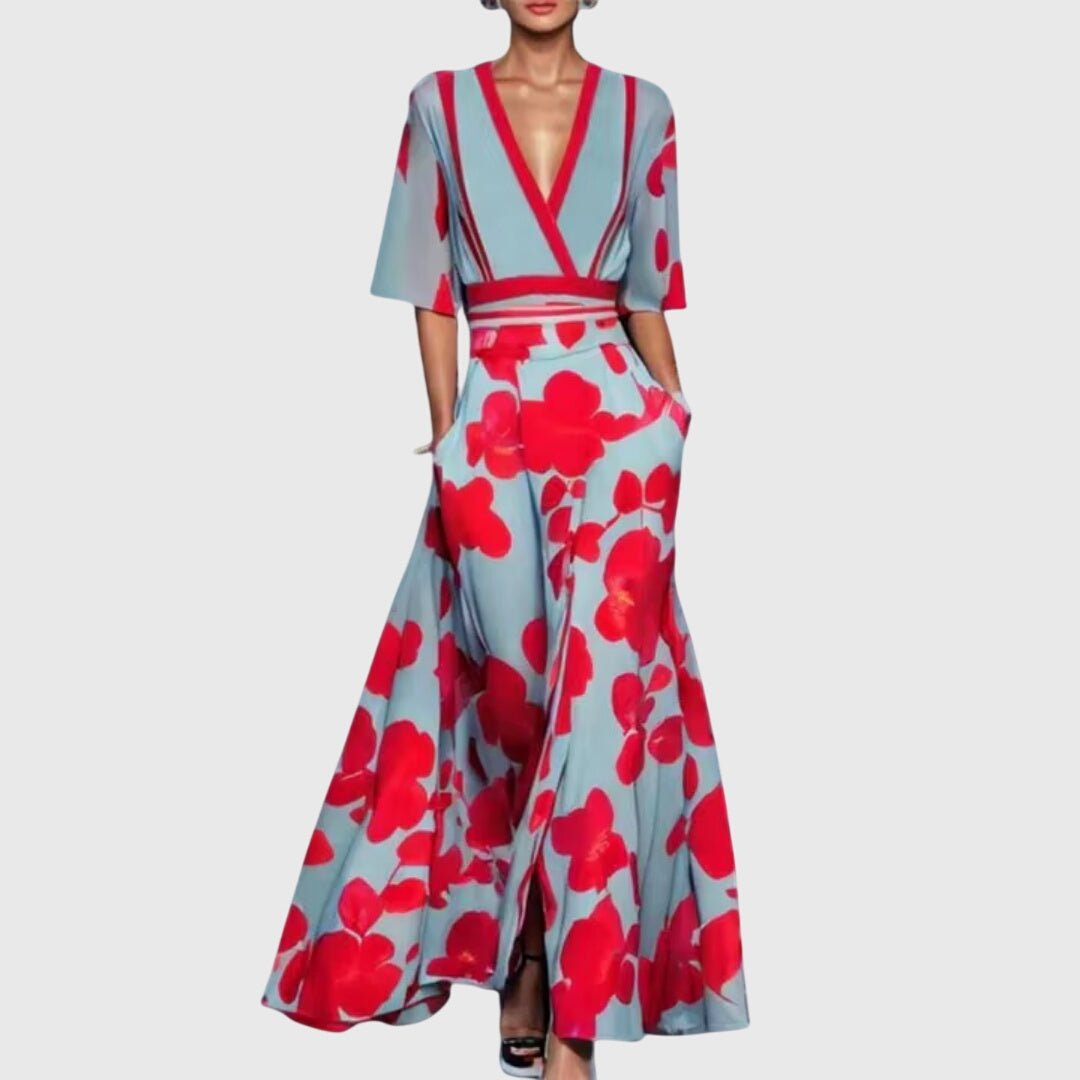 Robe longue plissée imprimée à col en V pour femmes - Emilia Lane