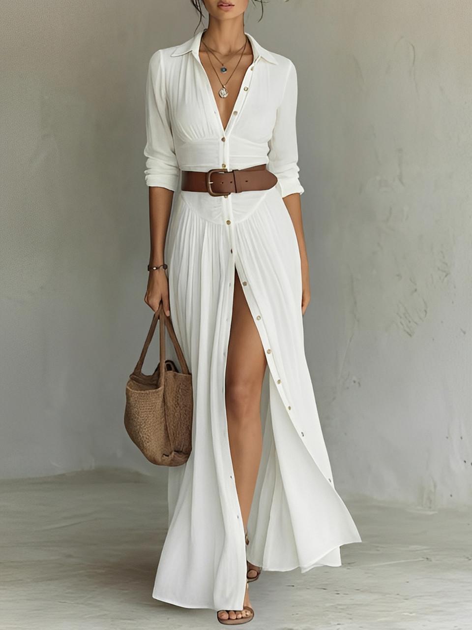 Long Linen Dress with Lapel Collar for Women | Ideal for Spring