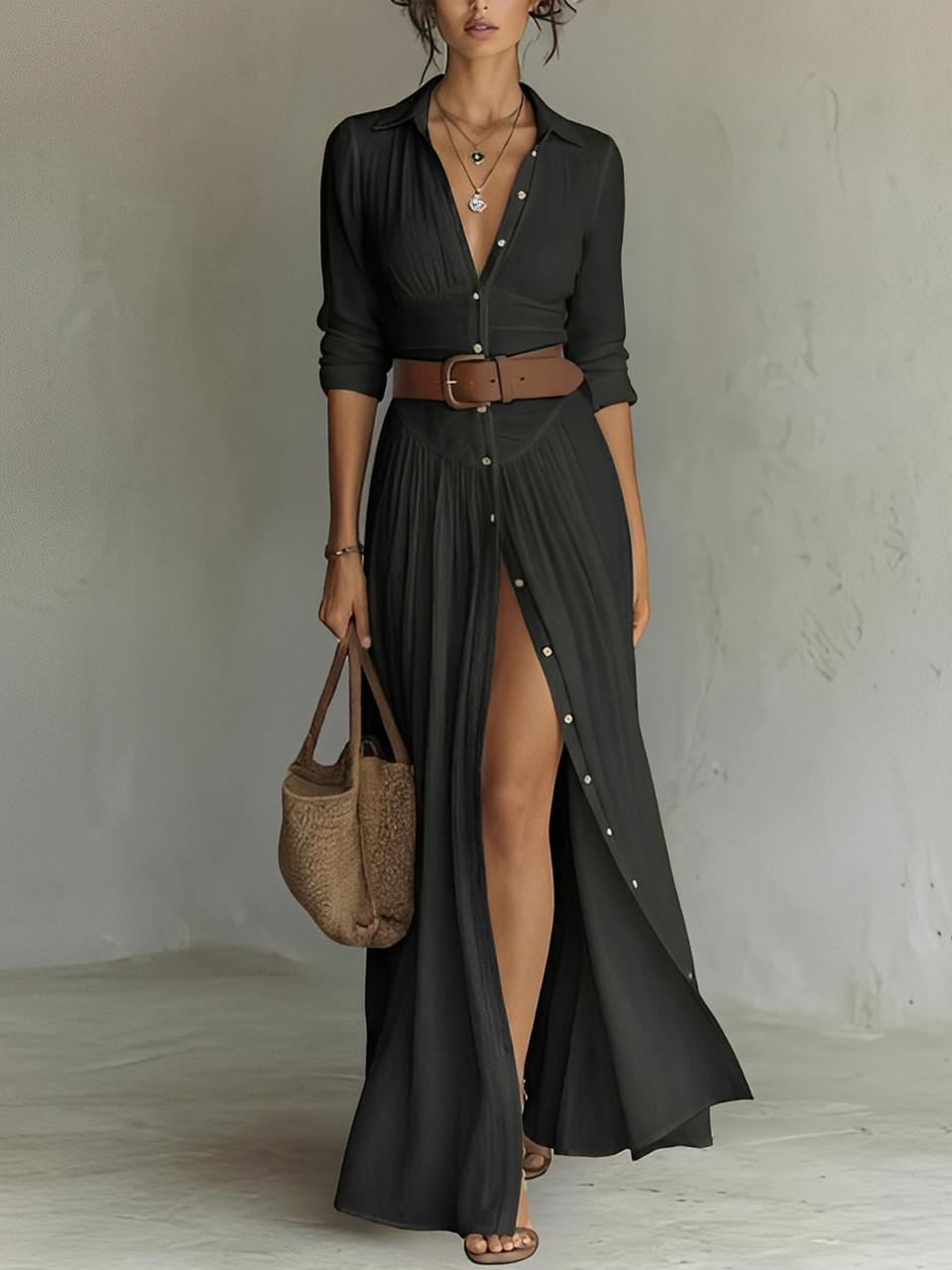 Long Linen Dress with Lapel Collar for Women | Ideal for Spring