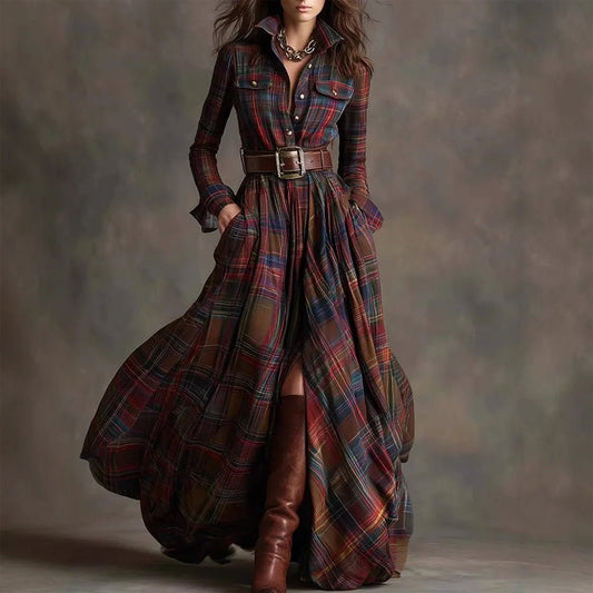 Robe Maxi Longue à Carreaux Vintage pour Femmes - Emilia Lane