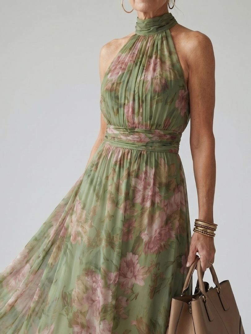 Robe Midi à Taille Cintrée et Col Halter pour Femme - Emilia Lane