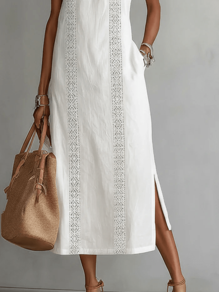 Women's Midi Dress with Mandarin Collar in Linen and Cotton