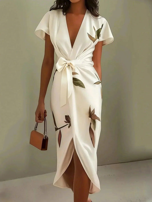 Robe portefeuille satin imprimée pour femmes - Emilia Lane