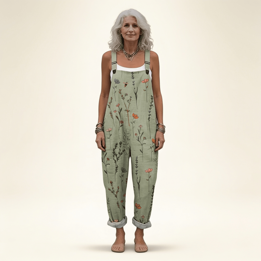 Salopette Femme Ample à Imprimé Floral Vert avec Bretelles Réglables et Poches - Emilia Lane