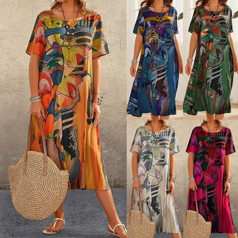 Long Tropical Print Dress with Short Sleeves for Women