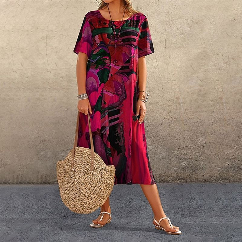 Long Tropical Print Dress with Short Sleeves for Women