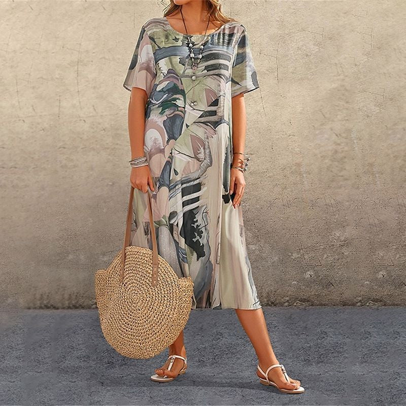 Long Tropical Print Dress with Short Sleeves for Women