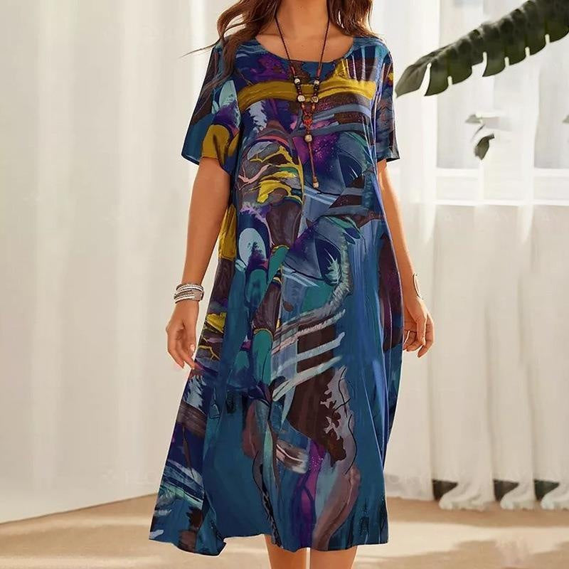 Long Tropical Print Dress with Short Sleeves for Women