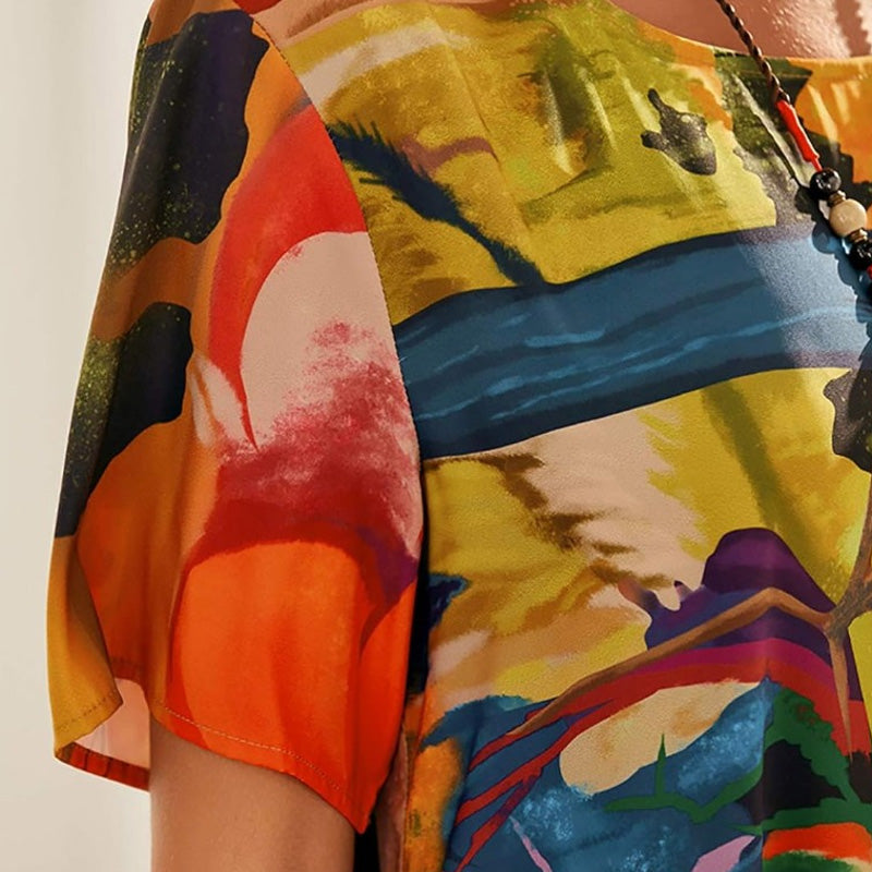 Long Tropical Print Dress with Short Sleeves for Women